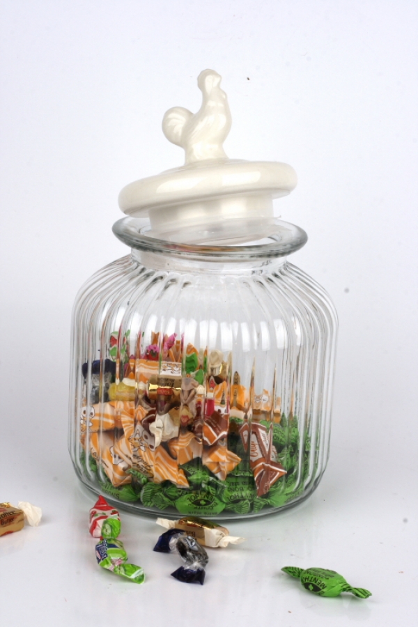 Sklenená dóza na cukríky s kohútom 17x25cm