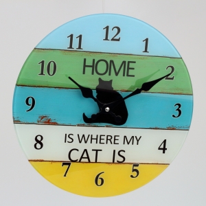 Sklenené nástenné hodiny mačka 30cm