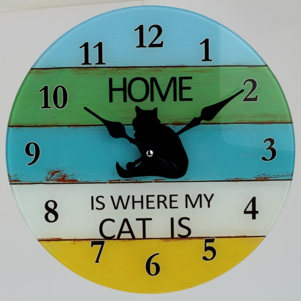 Sklenené nástenné hodiny mačka 30cm