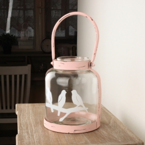 Sklenený svietnik s kovovým uchom ružový 18cm