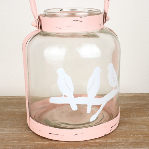 Sklenený svietnik s kovovým uchom ružový 18cm