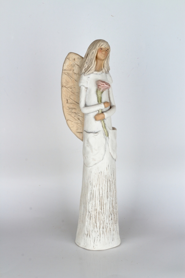 Soška anjela Nežnosť stojaci s ružou 42cm