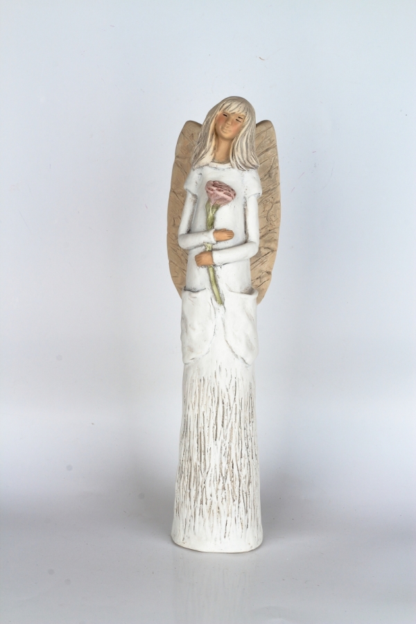 Soška anjela Nežnosť stojaci s ružou 42cm