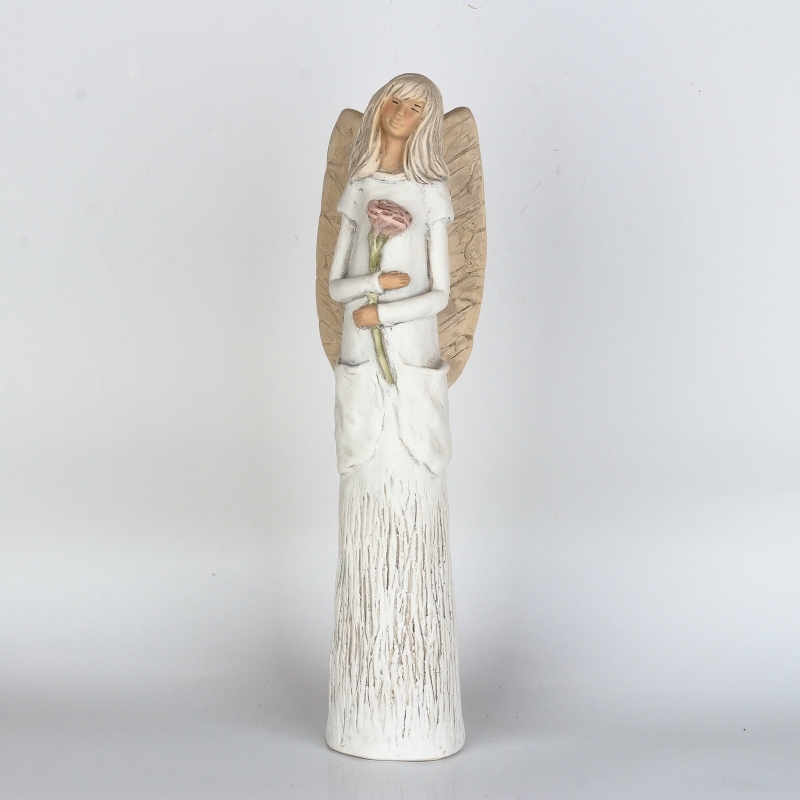 Soška anjela Nežnosť stojaci s ružou 42cm