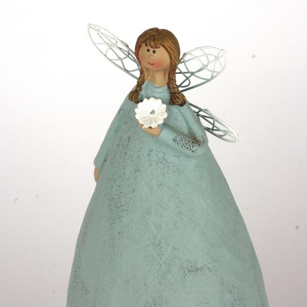 Soška andělka v modrých šatách Ruka na srdci 27cm