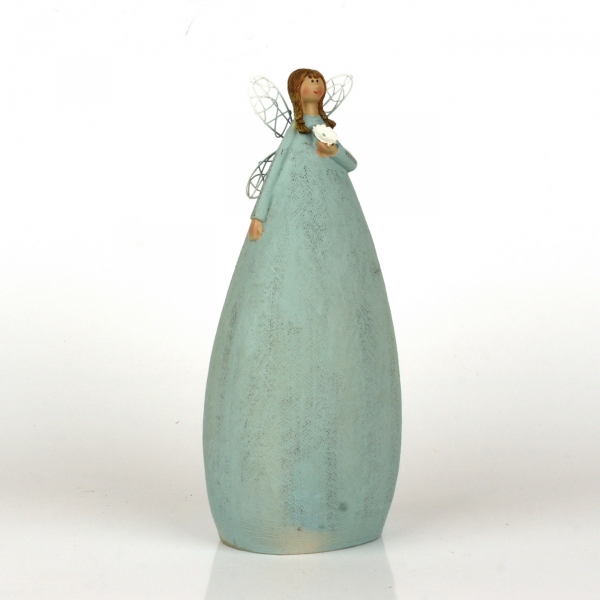 Soška andělka v modrých šatách Ruka na srdci 27cm