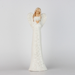 Soška sadrového anjela s bielymi kvetovanými šaty 37cm