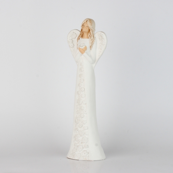Soška sadrového anjela s bielymi kvetovanými šaty 37cm