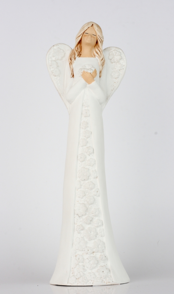 Soška sadrového anjela s bielymi kvetovanými šaty 37cm
