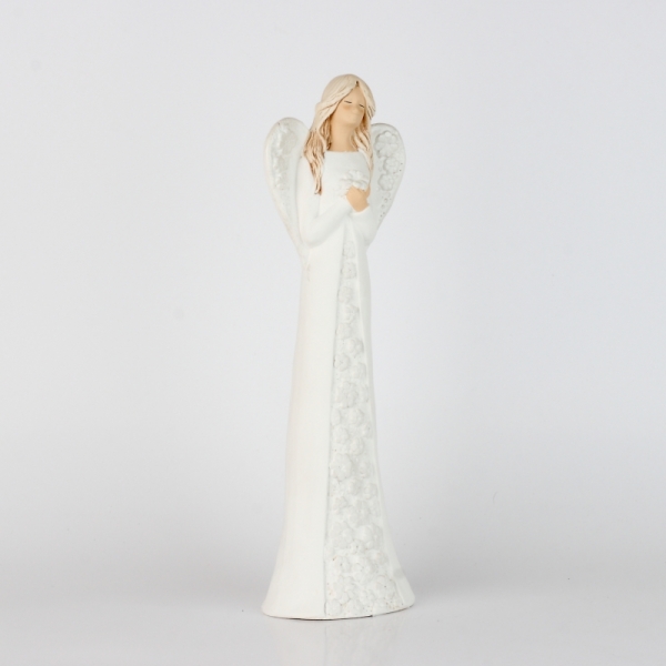 Soška sadrového anjela s bielymi kvetovanými šaty 37cm