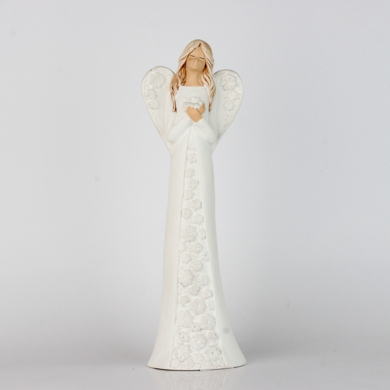 Soška sadrového anjela s bielymi kvetovanými šaty 37cm