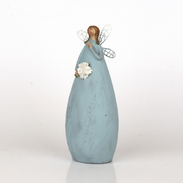 Soška víla v modrých šatách s kyticou 20cm