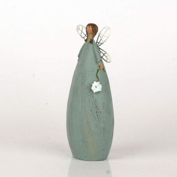 Soška víla v modrých šatách s květinou 15cm