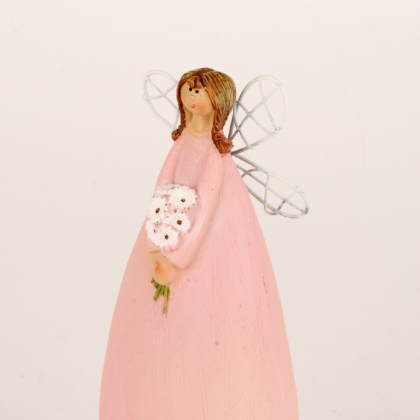 Soška víla v ružových šatách s kyticou 15cm
