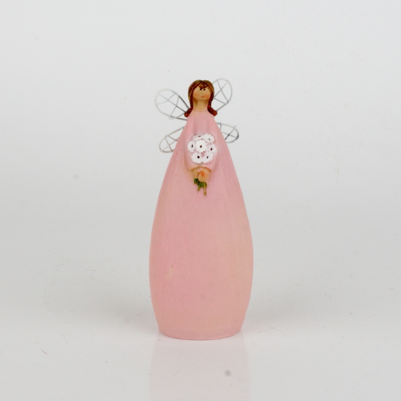 Soška víla v ružových šatách s kyticou 15cm