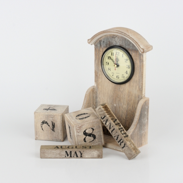 Stolové hodiny s kalendárom prírodnou s patinou 28x14x7cm
