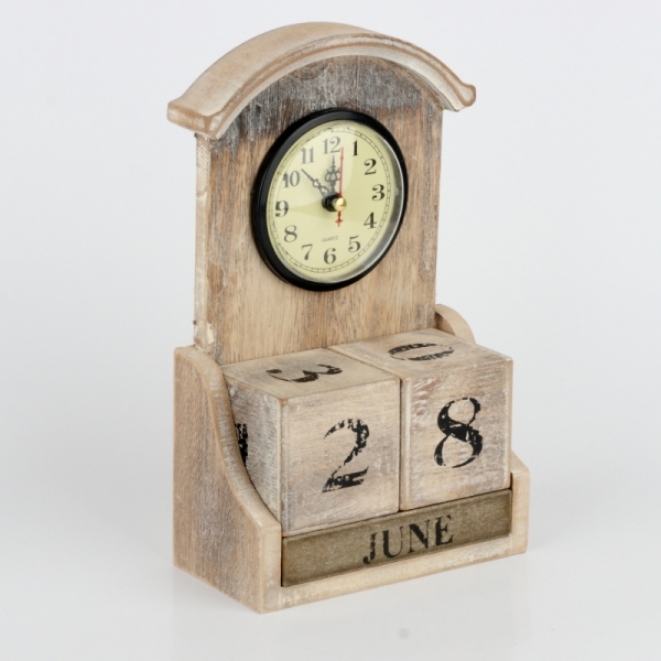 Stolové hodiny s kalendárom prírodnou s patinou 28x14x7cm