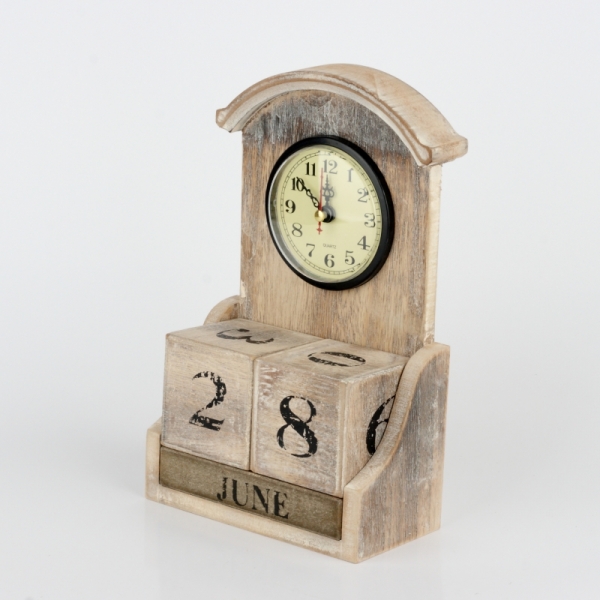 Stolové hodiny s kalendárom prírodnou s patinou 28x14x7cm