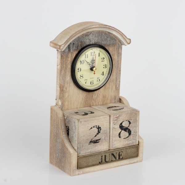 Stolové hodiny s kalendárom prírodnou s patinou 28x14x7cm
