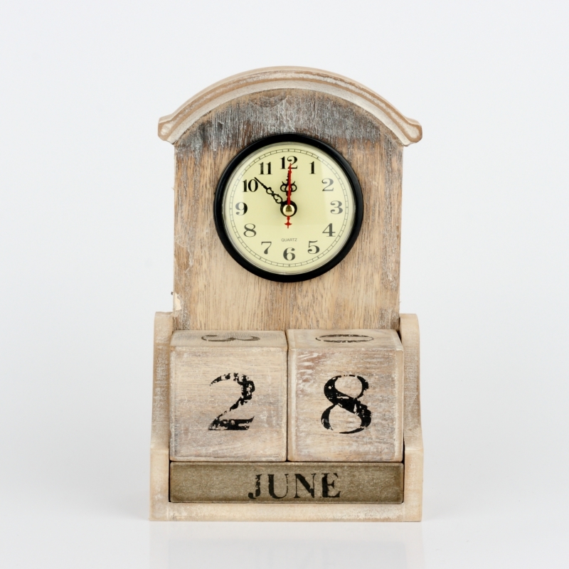 Stolové hodiny s kalendárom prírodnou s patinou 28x14x7cm