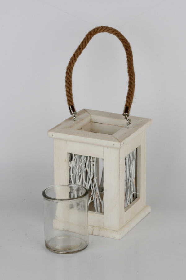 Svietnik drevený s vetvičkami biely 14x18x14cm