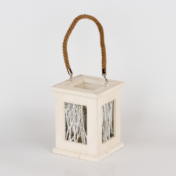 Svietnik drevený s vetvičkami biely 14x18x14cm