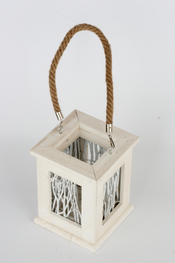 Svietnik drevený s vetvičkami biely 14x18x14cm