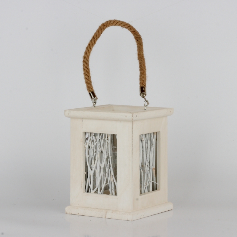 Svietnik drevený s vetvičkami biely 14x18x14cm