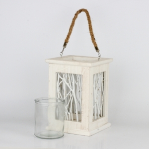 Svietnik drevený s vetvičkami biely 17x23cm