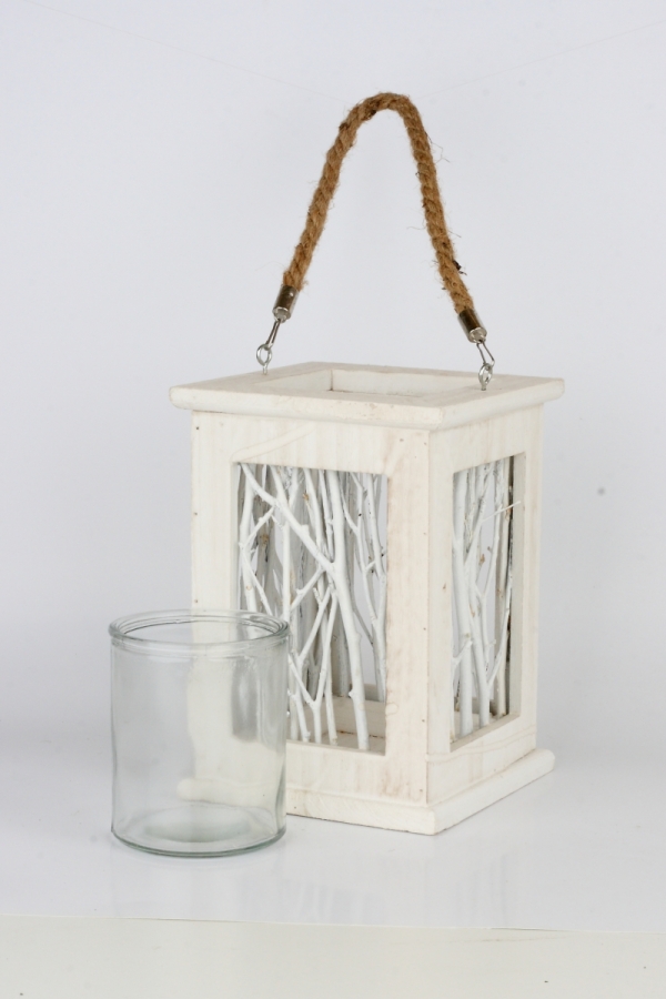Svietnik drevený s vetvičkami biely 17x23cm