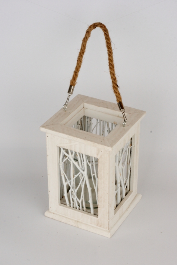 Svietnik drevený s vetvičkami biely 17x23cm