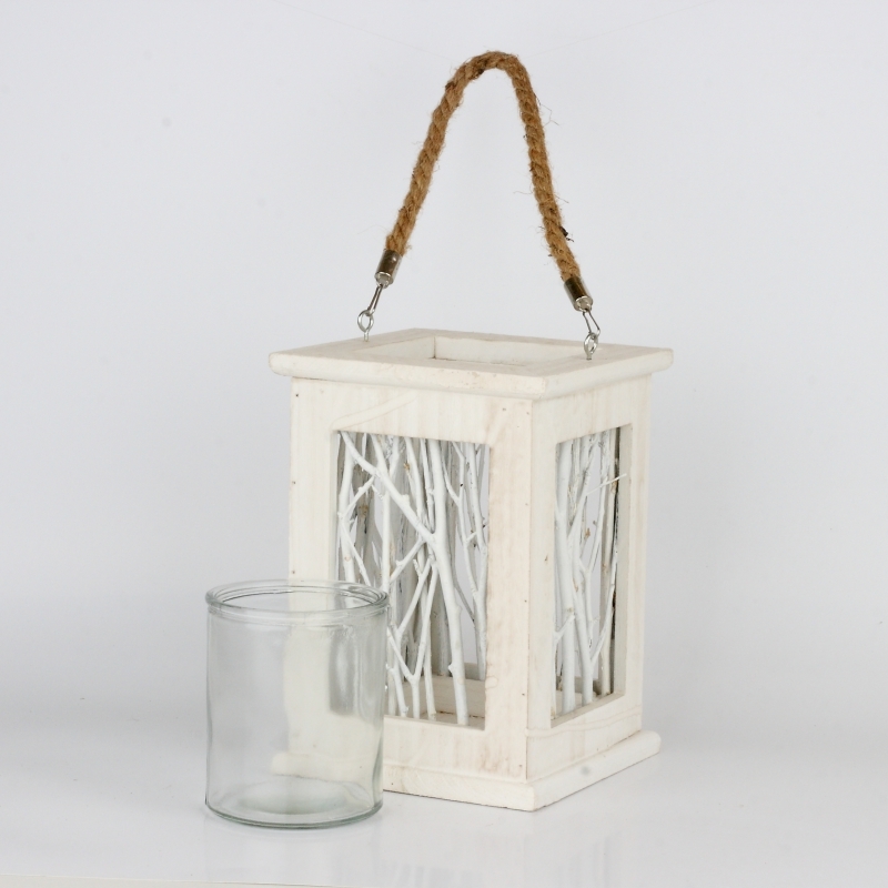 Svietnik drevený s vetvičkami biely 17x23cm