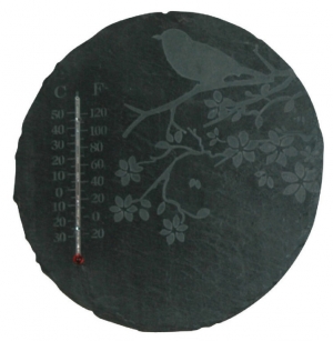 Teploměr z břidlice s ptáčkem kulatý 22cm