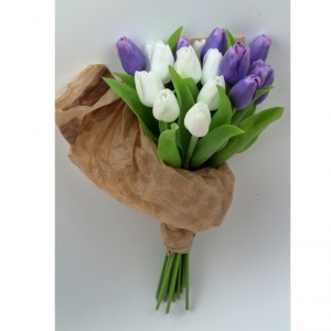 Tulipány kytice biele-fialové 17ks