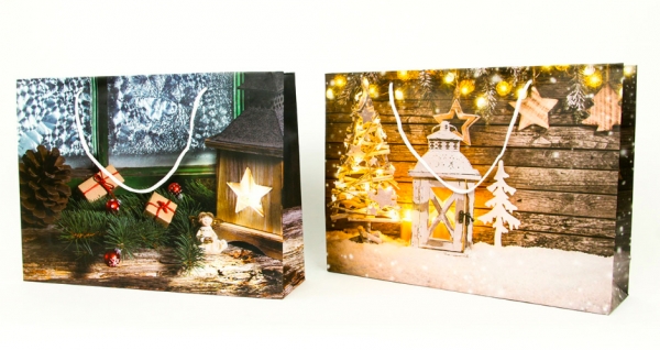 Vianočná darčeková papierová taška ležatá biela lampáš 34,5x8,5x25cm