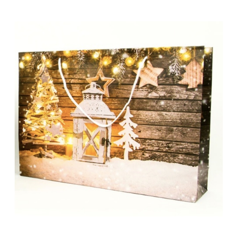 Vianočná darčeková papierová taška ležatá biela lampáš 34,5x8,5x25cm