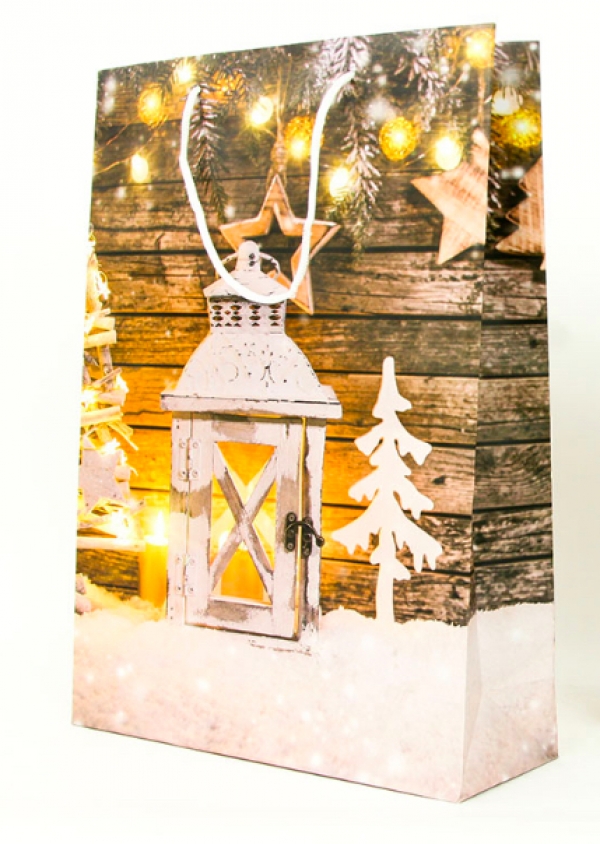 Vianočná darčeková taška biela lampáš 25x8,5x34,5cm