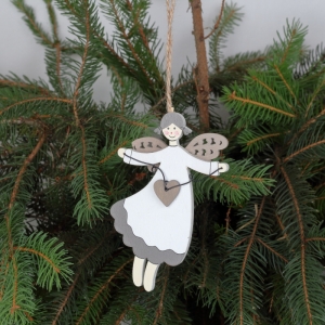 Vianočné dekorácie drevený závesný anjel biely 11,5cm