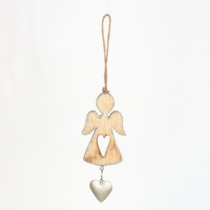 Vianočné dekorácie drevený závesný anjel pre šťastie strieborný 7x17x1cm 