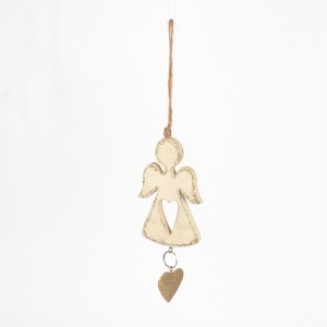 Vianočné dekorácie drevený závesný anjel pre šťastie zlatý  7x17x1cm