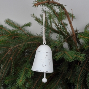 Vianočná dekorácia zvonček s hviezdou biely 12cm