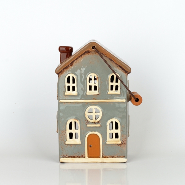 Vianočný domček 11 okien šedý, hnedá strecha