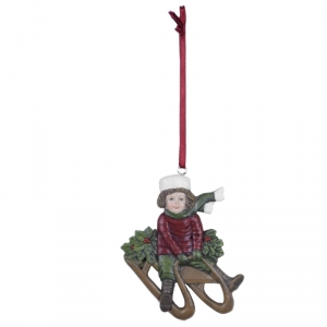 Vianočná ozdoba chlapec na saniach 9x9cm