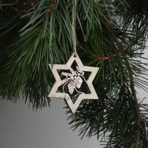 Vianočné ozdoby - drevená hviezda s šiškou 6cm (sada 6ks)