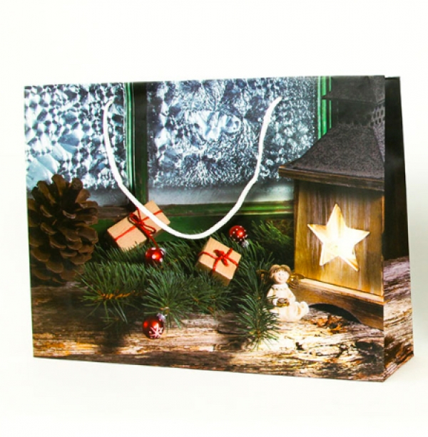 Vianočná darčeková taška ležatá biela lampáš 41x9,6x33 cm