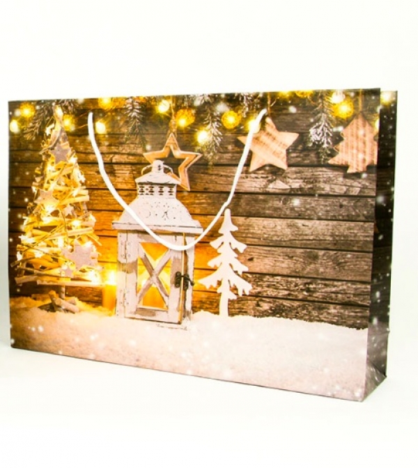 Vianočná darčeková taška ležatá biela lampáš 41x9,6x33 cm