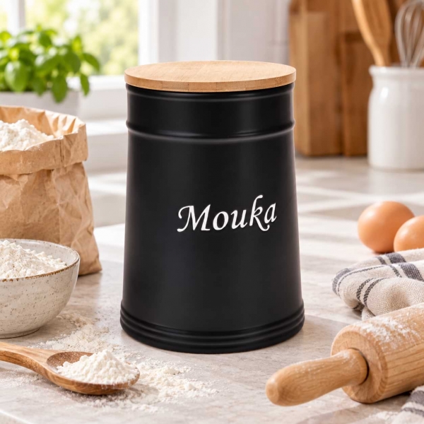 Keramická dóza na múku 2,19 l s bambusovým vekom - čierna
