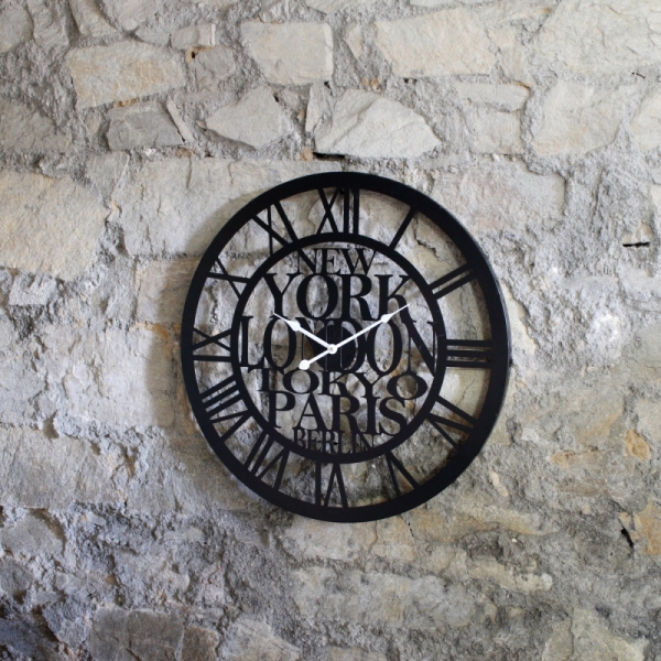 Veľké nástenné hodiny kovové svetová mesta 50cm