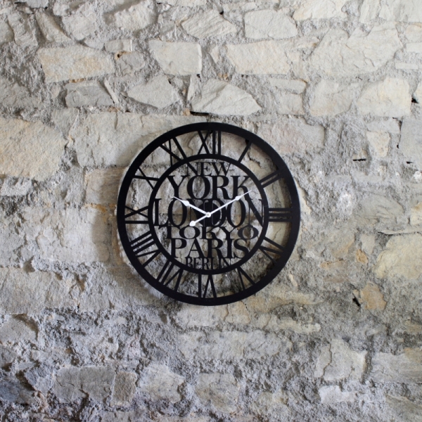 Veľké nástenné hodiny kovové svetová mesta 50cm