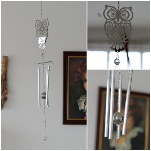 Veterná zvonkohra sova strieborný kov 68cm